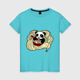 Женская футболка хлопок с принтом панда ест лапшу , 100% хлопок | прямой крой, круглый вырез горловины, длина до линии бедер, слегка спущенное плечо | панда