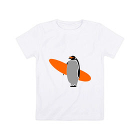 Детская футболка хлопок с принтом Пингвин с сёрфингом , 100% хлопок | круглый вырез горловины, полуприлегающий силуэт, длина до линии бедер | Тематика изображения на принте: пингвин