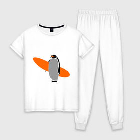 Женская пижама хлопок с принтом Пингвин с сёрфингом , 100% хлопок | брюки и футболка прямого кроя, без карманов, на брюках мягкая резинка на поясе и по низу штанин | пингвин