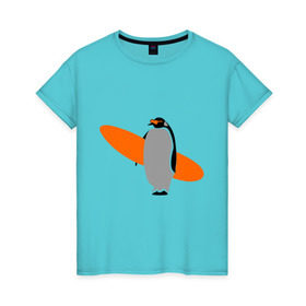 Женская футболка хлопок с принтом Пингвин с сёрфингом , 100% хлопок | прямой крой, круглый вырез горловины, длина до линии бедер, слегка спущенное плечо | пингвин