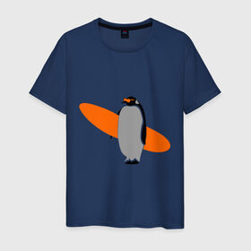 Мужская футболка хлопок с принтом Пингвин с сёрфингом , 100% хлопок | прямой крой, круглый вырез горловины, длина до линии бедер, слегка спущенное плечо. | пингвин