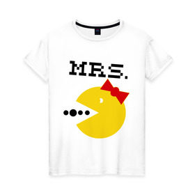 Женская футболка хлопок с принтом Миссис Pac-man (парная) , 100% хлопок | прямой крой, круглый вырез горловины, длина до линии бедер, слегка спущенное плечо | 14 февраля | : парные | для двоих | миссис pac man