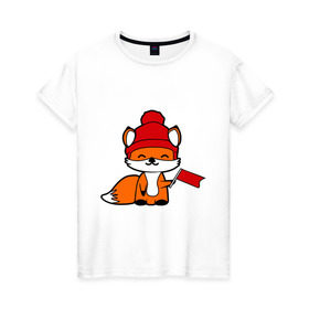 Женская футболка хлопок с принтом лисичка с флажком , 100% хлопок | прямой крой, круглый вырез горловины, длина до линии бедер, слегка спущенное плечо | Тематика изображения на принте: лиса
