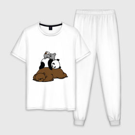 Мужская пижама хлопок с принтом comfort bed - комфортный медведь , 100% хлопок | брюки и футболка прямого кроя, без карманов, на брюках мягкая резинка на поясе и по низу штанин
 | панда
