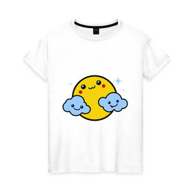 Женская футболка хлопок с принтом Солнышко с облаками , 100% хлопок | прямой крой, круглый вырез горловины, длина до линии бедер, слегка спущенное плечо | Тематика изображения на принте: позитив и смайлы | прикольные картинки | солнышко с облаками
