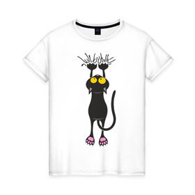 Женская футболка хлопок с принтом Висящий кот , 100% хлопок | прямой крой, круглый вырез горловины, длина до линии бедер, слегка спущенное плечо | висящий кот | когти | котик | котяра | кошки | милый кот | повис | черный кот