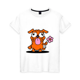 Женская футболка хлопок с принтом собачка с цветочком , 100% хлопок | прямой крой, круглый вырез горловины, длина до линии бедер, слегка спущенное плечо | животное | любовь | милый песик | песик | собачка с цветочком | цветок
