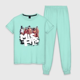 Женская пижама хлопок с принтом MisFits , 100% хлопок | брюки и футболка прямого кроя, без карманов, на брюках мягкая резинка на поясе и по низу штанин | 