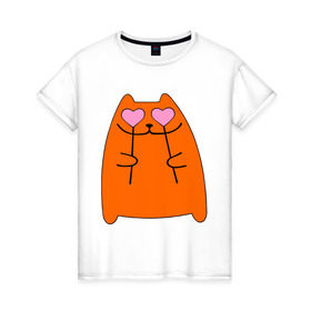 Женская футболка хлопок с принтом кот с сердечками парная женская , 100% хлопок | прямой крой, круглый вырез горловины, длина до линии бедер, слегка спущенное плечо | 14 февраля | для двоих | киска | кот с сердечками парная женская | парные