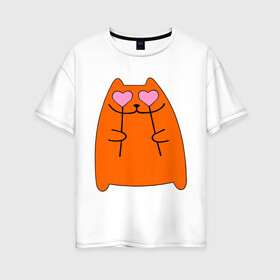 Женская футболка хлопок Oversize с принтом кот с сердечками парная женская , 100% хлопок | свободный крой, круглый ворот, спущенный рукав, длина до линии бедер
 | 14 февраля | для двоих | киска | кот с сердечками парная женская | парные