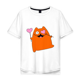 Мужская футболка хлопок Oversize с принтом кот с сердечками парная мужская , 100% хлопок | свободный крой, круглый ворот, “спинка” длиннее передней части | 14 февраля | для двоих | кот с сердечками парная мужская | парные