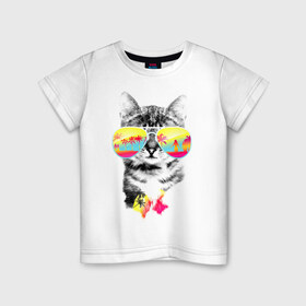 Детская футболка хлопок с принтом Солнечный кот , 100% хлопок | круглый вырез горловины, полуприлегающий силуэт, длина до линии бедер | киска | кот | лето | отпуск | очки | пляж | солнечный кот | турист