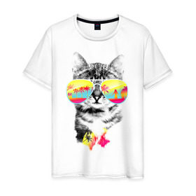 Мужская футболка хлопок с принтом Солнечный кот , 100% хлопок | прямой крой, круглый вырез горловины, длина до линии бедер, слегка спущенное плечо. | киска | кот | лето | отпуск | очки | пляж | солнечный кот | турист