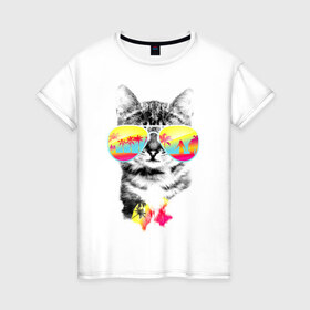 Женская футболка хлопок с принтом Солнечный кот , 100% хлопок | прямой крой, круглый вырез горловины, длина до линии бедер, слегка спущенное плечо | киска | кот | лето | отпуск | очки | пляж | солнечный кот | турист