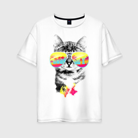 Женская футболка хлопок Oversize с принтом Солнечный кот , 100% хлопок | свободный крой, круглый ворот, спущенный рукав, длина до линии бедер
 | киска | кот | лето | отпуск | очки | пляж | солнечный кот | турист