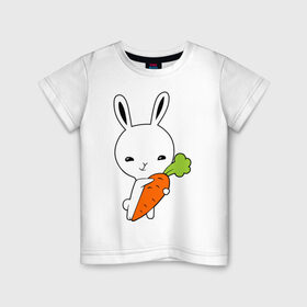 Детская футболка хлопок с принтом Зайчик с морковкой , 100% хлопок | круглый вырез горловины, полуприлегающий силуэт, длина до линии бедер | Тематика изображения на принте: животные | зайка | зайчик | зайчик с морковкой | морковка