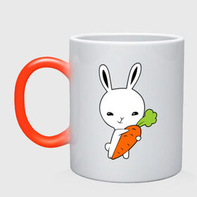 Кружка хамелеон с принтом Зайчик с морковкой , керамика | меняет цвет при нагревании, емкость 330 мл | Тематика изображения на принте: животные | зайка | зайчик | зайчик с морковкой | морковка