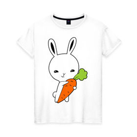 Женская футболка хлопок с принтом Зайчик с морковкой , 100% хлопок | прямой крой, круглый вырез горловины, длина до линии бедер, слегка спущенное плечо | животные | зайка | зайчик | зайчик с морковкой | морковка
