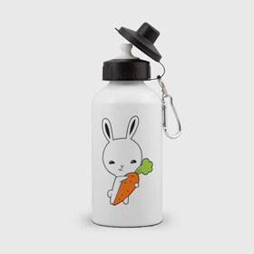 Бутылка спортивная с принтом Зайчик с морковкой , металл | емкость — 500 мл, в комплекте две пластиковые крышки и карабин для крепления | Тематика изображения на принте: животные | зайка | зайчик | зайчик с морковкой | морковка