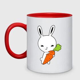 Кружка двухцветная с принтом Зайчик с морковкой , керамика | объем — 330 мл, диаметр — 80 мм. Цветная ручка и кайма сверху, в некоторых цветах — вся внутренняя часть | Тематика изображения на принте: животные | зайка | зайчик | зайчик с морковкой | морковка
