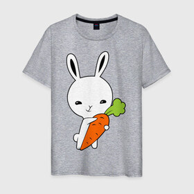Мужская футболка хлопок с принтом Зайчик с морковкой , 100% хлопок | прямой крой, круглый вырез горловины, длина до линии бедер, слегка спущенное плечо. | Тематика изображения на принте: животные | зайка | зайчик | зайчик с морковкой | морковка