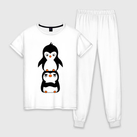 Женская пижама хлопок с принтом Пингвины , 100% хлопок | брюки и футболка прямого кроя, без карманов, на брюках мягкая резинка на поясе и по низу штанин | 14 февраля | влюбленным | пингвины | прикольные картинки