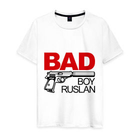 Мужская футболка хлопок с принтом Плохой мальчик Руслан , 100% хлопок | прямой крой, круглый вырез горловины, длина до линии бедер, слегка спущенное плечо. | rus | ruslan | имена | имя | мальчик | парень | рус | руслан