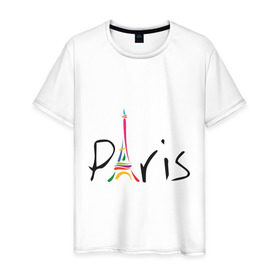 Мужская футболка хлопок с принтом Красочный Париж , 100% хлопок | прямой крой, круглый вырез горловины, длина до линии бедер, слегка спущенное плечо. | Тематика изображения на принте: башня | красочный париж | париж | туристические | франция | эльфивая башня