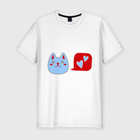 Мужская футболка премиум с принтом Любящий котейка , 92% хлопок, 8% лайкра | приталенный силуэт, круглый вырез ворота, длина до линии бедра, короткий рукав | кошки | любовь | любящий котейка | мурка | сердечки