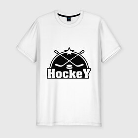 Мужская футболка премиум с принтом Hockey (Хоккей) , 92% хлопок, 8% лайкра | приталенный силуэт, круглый вырез ворота, длина до линии бедра, короткий рукав | hockey | клюшка | лед | спорт | стадион | хоккей | шайба