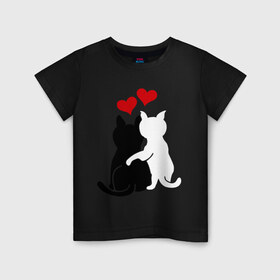 Детская футболка хлопок с принтом Кот и кошка , 100% хлопок | круглый вырез горловины, полуприлегающий силуэт, длина до линии бедер | день святого валентина | идеи подарков | кот и кошка | котята | кошки | любовь | прикольные картинки | сердечки