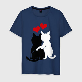 Мужская футболка хлопок с принтом Кот и кошка , 100% хлопок | прямой крой, круглый вырез горловины, длина до линии бедер, слегка спущенное плечо. | день святого валентина | идеи подарков | кот и кошка | котята | кошки | любовь | прикольные картинки | сердечки