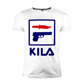 Мужская футболка премиум с принтом Kila , 92% хлопок, 8% лайкра | приталенный силуэт, круглый вырез ворота, длина до линии бедра, короткий рукав | 23 февраля | kila | выстрел | нож | пистолет | угроза
