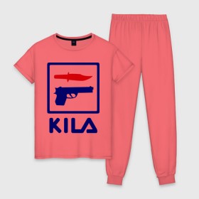 Женская пижама хлопок с принтом Kila , 100% хлопок | брюки и футболка прямого кроя, без карманов, на брюках мягкая резинка на поясе и по низу штанин | 23 февраля | kila | выстрел | нож | пистолет | угроза