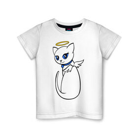 Детская футболка хлопок с принтом Кошечка ангел , 100% хлопок | круглый вырез горловины, полуприлегающий силуэт, длина до линии бедер | крылья