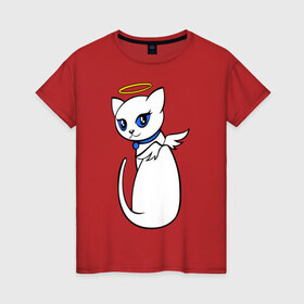 Женская футболка хлопок с принтом Кошечка ангел , 100% хлопок | прямой крой, круглый вырез горловины, длина до линии бедер, слегка спущенное плечо | крылья