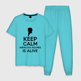Мужская пижама хлопок с принтом Keep calm Sherlock is alive , 100% хлопок | брюки и футболка прямого кроя, без карманов, на брюках мягкая резинка на поясе и по низу штанин
 | keep calm sherlock is alive | кино | мультфильмы и тв | сыщик | шерлок холмс