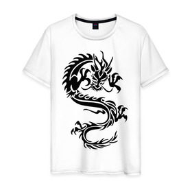Мужская футболка хлопок с принтом Дракон орнамент , 100% хлопок | прямой крой, круглый вырез горловины, длина до линии бедер, слегка спущенное плечо. | дракон | дракон орнамент | прикольные картинки 
большой дракон | трайблы и узоры