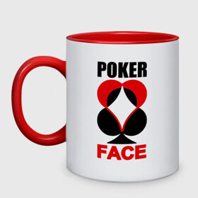 Кружка двухцветная с принтом Poker face , керамика | объем — 330 мл, диаметр — 80 мм. Цветная ручка и кайма сверху, в некоторых цветах — вся внутренняя часть | poker face | игры | карты | покер