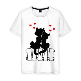 Мужская футболка хлопок с принтом Влюбленные котики , 100% хлопок | прямой крой, круглый вырез горловины, длина до линии бедер, слегка спущенное плечо. | влюбленные котики | киски | кошки | кошки на заборе | любовь