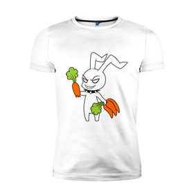 Мужская футболка премиум с принтом Злой зайчик , 92% хлопок, 8% лайкра | приталенный силуэт, круглый вырез ворота, длина до линии бедра, короткий рукав | Тематика изображения на принте: животные | зайка | злой зайчик | кролик | морковка | прикольные картинки