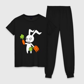 Женская пижама хлопок с принтом Злой зайчик , 100% хлопок | брюки и футболка прямого кроя, без карманов, на брюках мягкая резинка на поясе и по низу штанин | животные | зайка | злой зайчик | кролик | морковка | прикольные картинки
