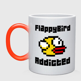 Кружка хамелеон с принтом FlappyBird addicted , керамика | меняет цвет при нагревании, емкость 330 мл | Тематика изображения на принте: flappy bird | fun | tap | игры | птичка