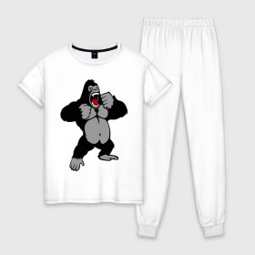 Женская пижама хлопок с принтом Злая горилла , 100% хлопок | брюки и футболка прямого кроя, без карманов, на брюках мягкая резинка на поясе и по низу штанин | горилла | животные | злая горилла | обезьяна
