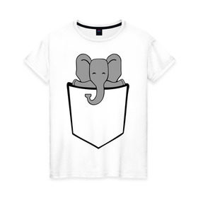 Женская футболка хлопок с принтом Слон в кармашке , 100% хлопок | прямой крой, круглый вырез горловины, длина до линии бедер, слегка спущенное плечо | слон