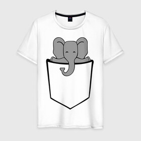 Мужская футболка хлопок с принтом Слон в кармашке , 100% хлопок | прямой крой, круглый вырез горловины, длина до линии бедер, слегка спущенное плечо. | Тематика изображения на принте: слон