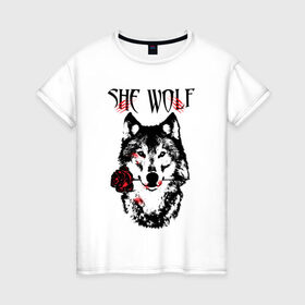 Женская футболка хлопок с принтом Модный дизайн - Настоящая Волчица , 100% хлопок | прямой крой, круглый вырез горловины, длина до линии бедер, слегка спущенное плечо | Тематика изображения на принте: волк | волки | модный дизайн | настоящая волчица | прикольные картинки | роза | серый | цветы