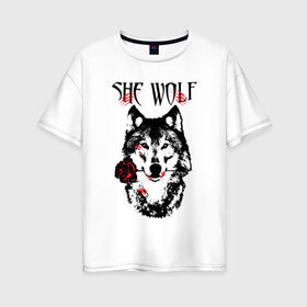Женская футболка хлопок Oversize с принтом Модный дизайн - Настоящая Волчица , 100% хлопок | свободный крой, круглый ворот, спущенный рукав, длина до линии бедер
 | волк | волки | модный дизайн | настоящая волчица | прикольные картинки | роза | серый | цветы