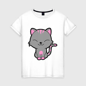 Женская футболка хлопок с принтом Довольный кот , 100% хлопок | прямой крой, круглый вырез горловины, длина до линии бедер, слегка спущенное плечо | довольный кот | киска | кот | котёнок | котик | коты и кошки | коты мемы | кошки | мурка | серый кот
