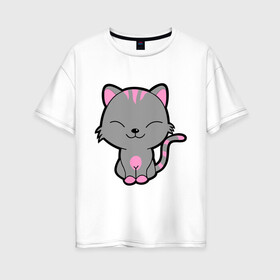Женская футболка хлопок Oversize с принтом Довольный кот , 100% хлопок | свободный крой, круглый ворот, спущенный рукав, длина до линии бедер
 | довольный кот | киска | кот | котёнок | котик | коты и кошки | коты мемы | кошки | мурка | серый кот